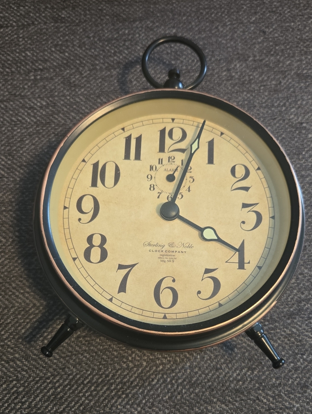 Sterling & Noble Mfg No. 9 Vintage Style Alarm Clock Black Table Desk Clock